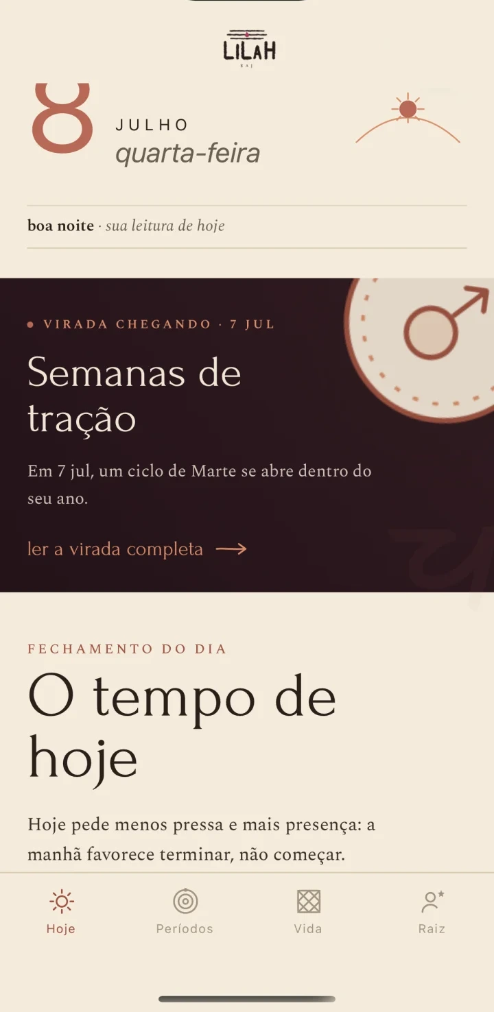a tela Hoje do app Lilah Raj