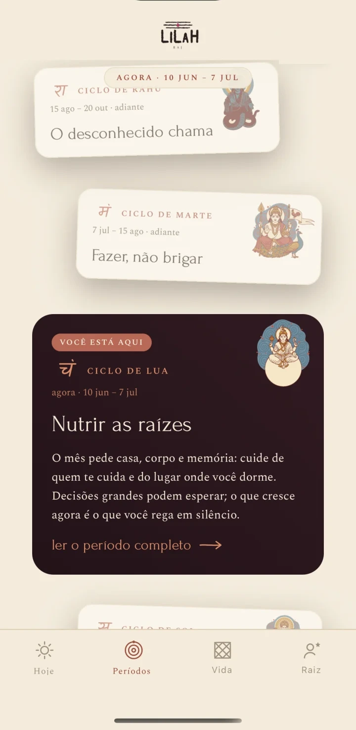 a tela Períodos do app Lilah Raj
